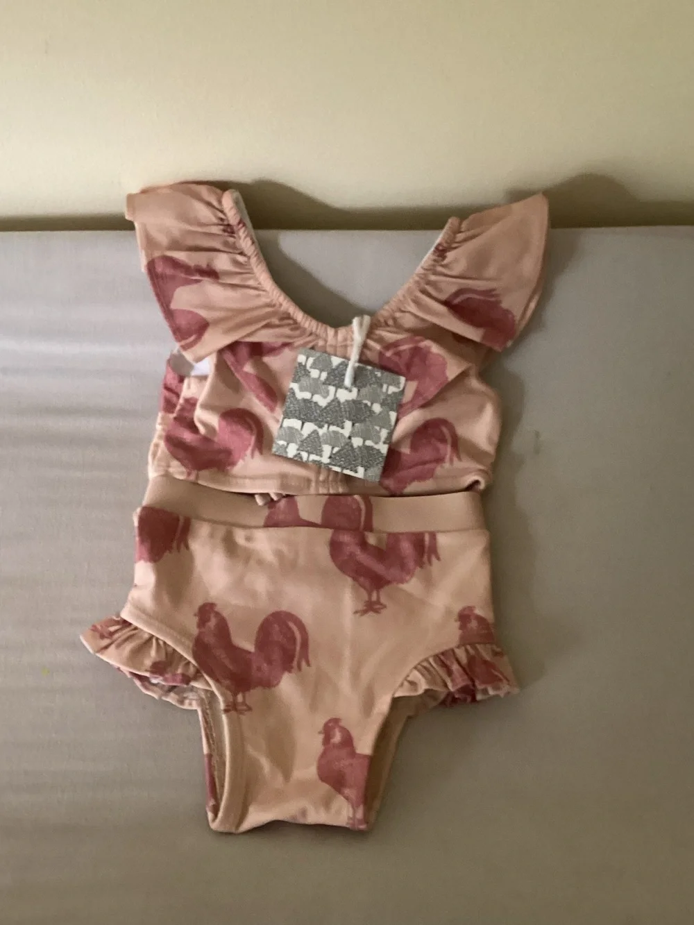 kate quinn Pink Rooster Print Ruffle Bikini Set
